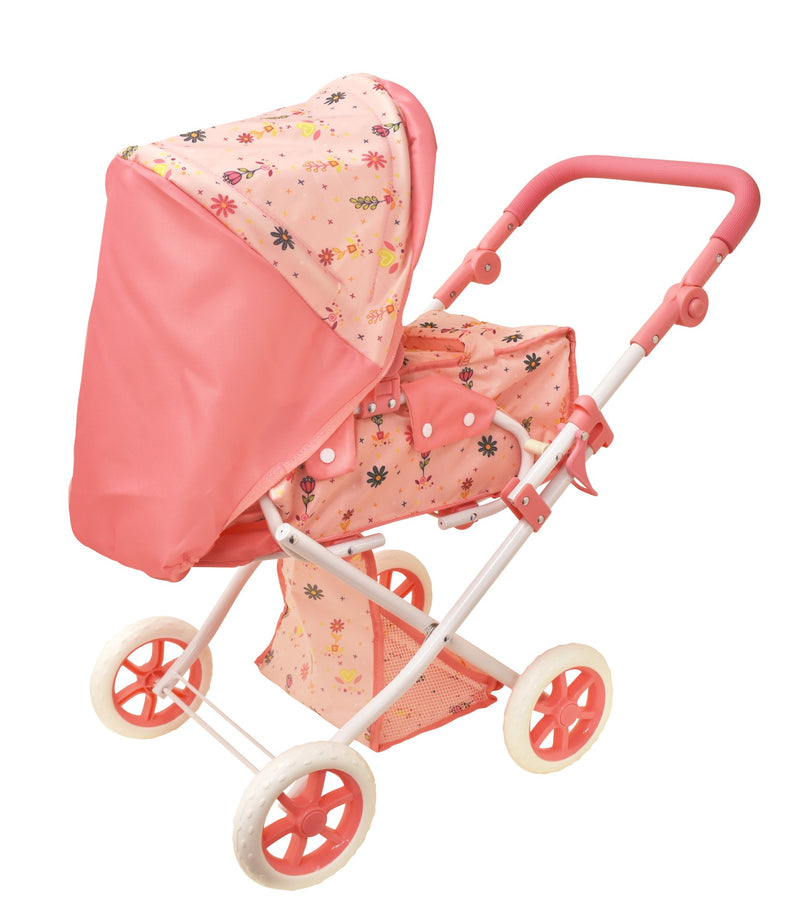 Dollsworld Pink Deluxe Dolls Stroller Pram With Removable Carry Cot - Flower Print Design