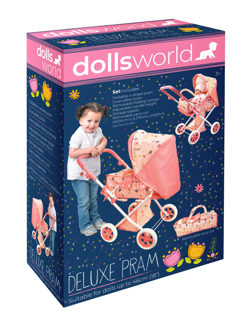 Dollsworld Pink Deluxe Dolls Stroller Pram With Removable Carry Cot - Flower Print Design