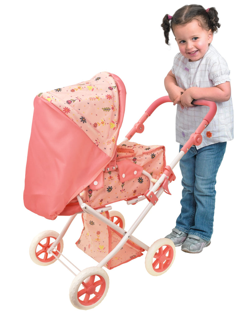 Dollsworld Pink Deluxe Dolls Stroller Pram With Removable Carry Cot - Flower Print Design