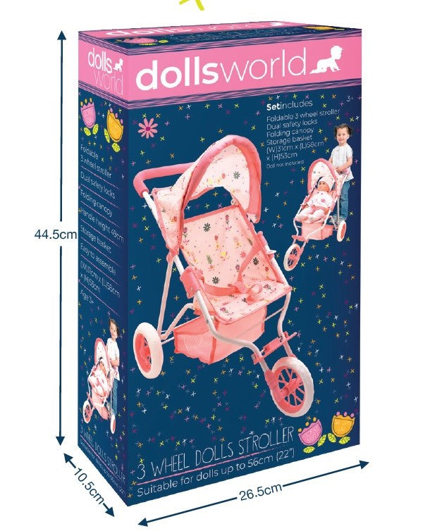 Dollsworld Doll Stroller Pram 3 Wheel