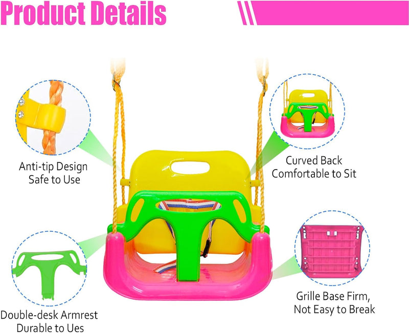 PLAYFREE 3 in 1 Baby Toddler Swing Seat with Rope - Pink